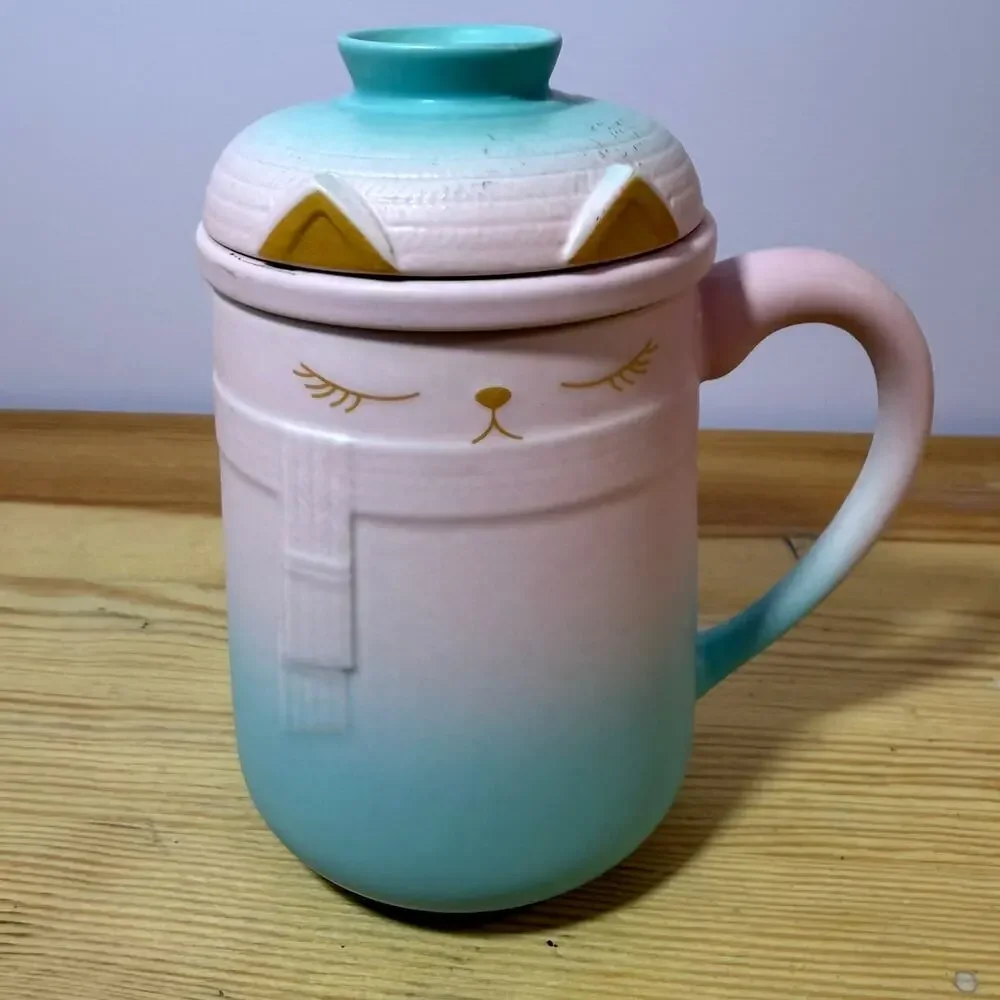 Cute Cat Tea Infuser Mug with Lid Pink Aqua Gradient Ceramic Tea Cup